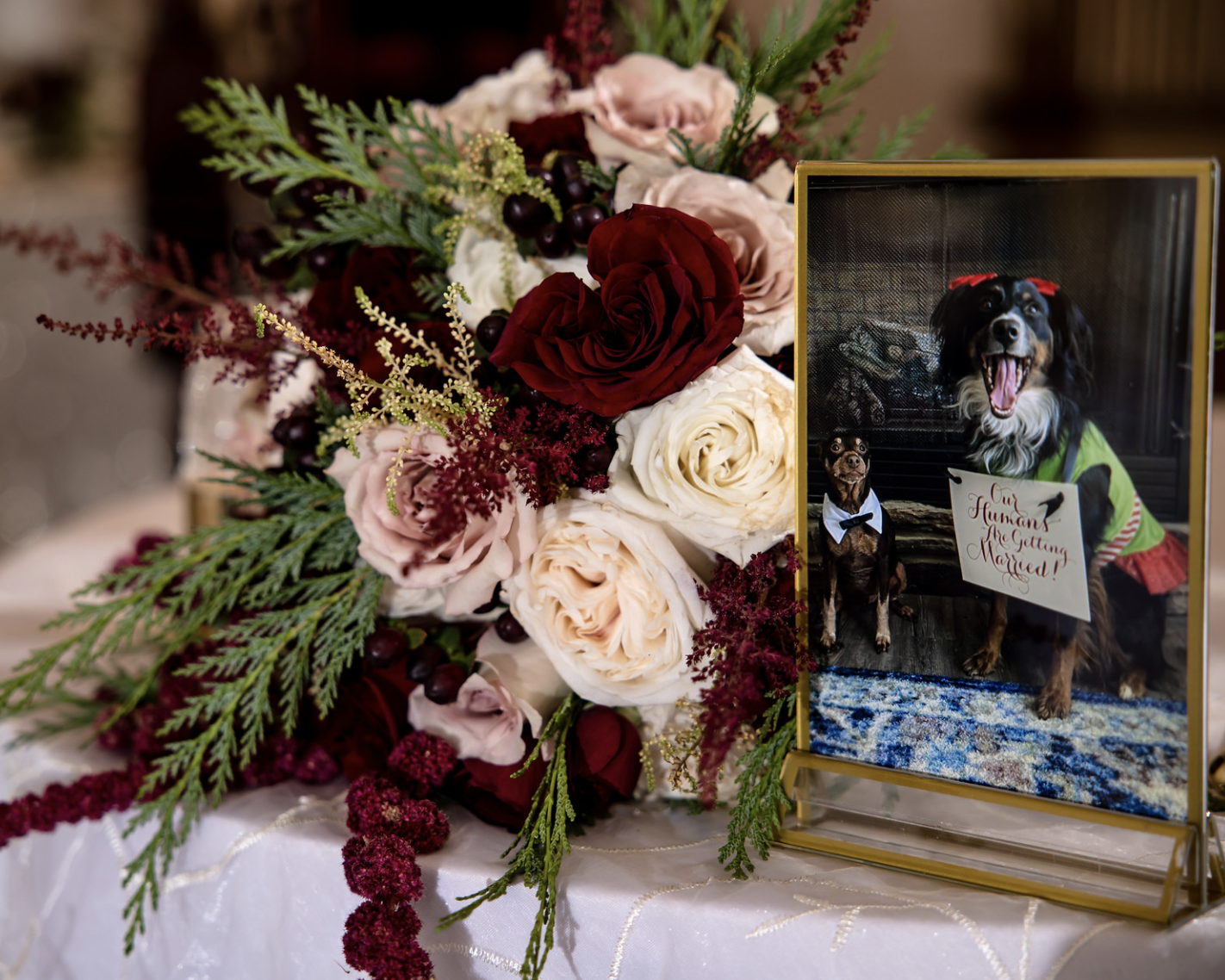 Personalized floral touch with dog photo wedding photo of a dog in a tuxedo framed by a whimsical floral arrangement